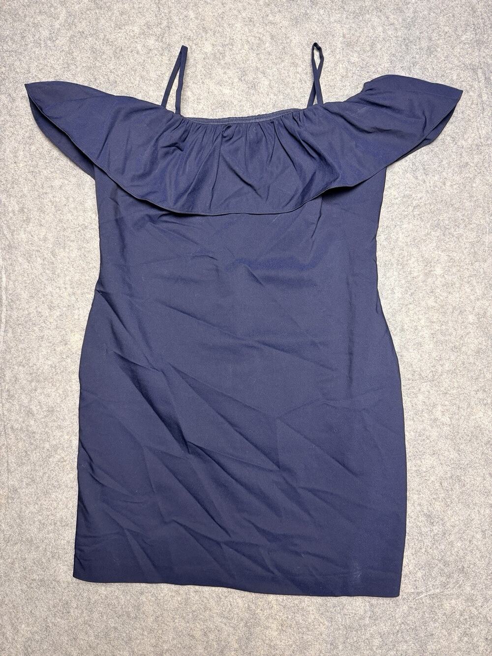 Lauren Ralph Lauren Dress Womens 12 Navy Blue Shoulder Ruffle Cocktail Sheath
